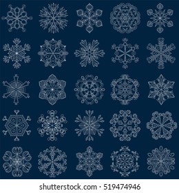 Vector vintage snowflake set in zentangle style. 25 original snow flakes for Christmas, New Year decoration. Hand drawn doodle objects.