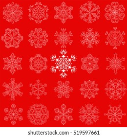 Vector vintage snowflake set in zentangle style. 25 original snow flakes isolated on red background, for Christmas, New Year decoration. Hand drawn doodle objects.