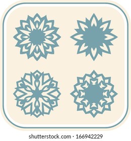 Vector vintage snowflakes group, isolated on colored background with frame