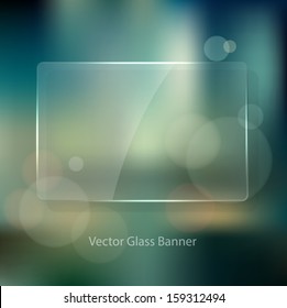 Vector vintage soft blurry background in the style of an unfocused film photograph with bokeh and glass badge. Cross process color effect. Transparent glossy banner. Retro look.