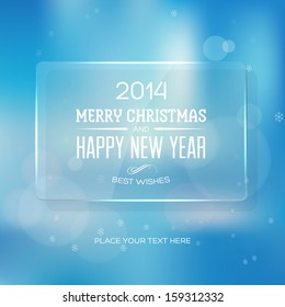 Vector vintage soft blurry light blue christmas greeting card / poster with subtle bokeh and glass glossy banner. Cross process color effect. Retro style. Vintage film look. Festive typography.