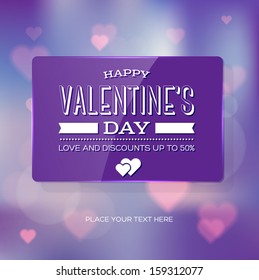 Vector vintage soft blurry purple valentine's day greeting card / poster with heart shaped bokeh and glossy banner. Cross process color effect. Retro style. Vintage film look. Festive typography.