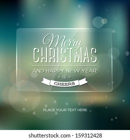 Vector vintage soft blurry teal christmas greeting card / poster with subtle bokeh and glass glossy banner. Cross process color effect. Retro style. Vintage film look. Festive typography.