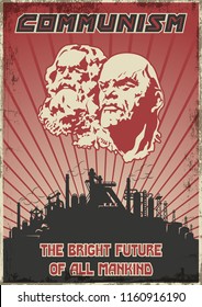 Vector vintage de propaganda del comunismo soviético Diseño de afiches, Karl Marx, Lenin, Fábrica