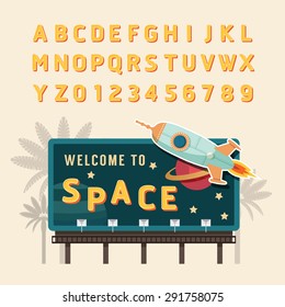 Vector vintage space rocket billboard sign, vintage signboard, vintage banner with fonts set .