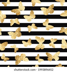 Vector vintage sparkle seamless pattern with gold glitter butterflies silhouettes on black and white stripes background 