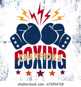 Vector vintage sport logo for boxing with gloves and stars. Boxing champions poster