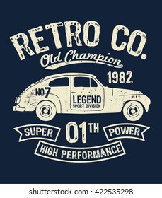 Vector vintage sport racing car, T-shirt Graphics, Retro typography