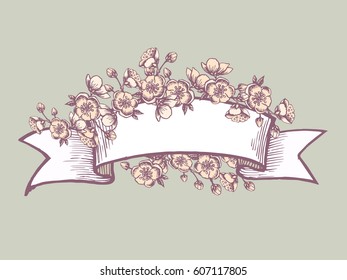 Vector vintage spring frame. Blossoms on tree branches on old ribbon banner background. There is copy space for your text in the center. Eps-8
