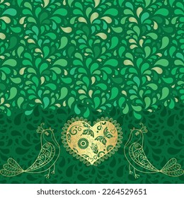 Vector vintage spring frame with green paisley, golden heart and birds