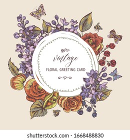 Tarjeta vectorial vintage de bienvenida con flores florecientes de begonia, lila, mariposas y abejas. Ilustración natural
