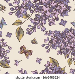 Vector vintage spring seamless pattren with blooming flowers of lilac, natural illustration. Butterflies and bees texture