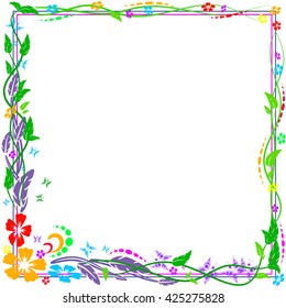 Vector vintage square frame with leaves, swirls, butterflies and flowers. Colorful. Fit for wedding card, invitation, greetings.