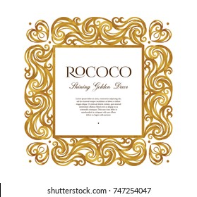 Vector vintage square frame; ornate floral vignette for design template. Victorian style gold element. Rococo decoration. Arabic golden motifs. Ornamental illustration for invitation, greeting card.