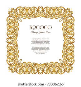 Vector vintage square frame; ornate floral vignette for design template. Victorian style gold element. Rococo decoration. Arabic golden motifs. Ornamental illustration for invitation, greeting card.