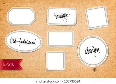 Vector vintage stickers set over old paper background, with original handwritten calligraphy