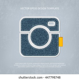 Vector vintage stitched layered fabric camera icon on weathered paper background. Applique style.