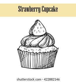 vector vintage strawberry cupcake drawing. Hand drawn monochrome bakery illustration can be used for greeting cards or party invitations. Great for menu, poster or label.