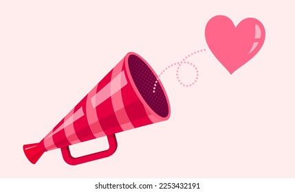 Vector vintage striped megaphone with heart for Valentine's day. Vintage megaphone with pink heart.