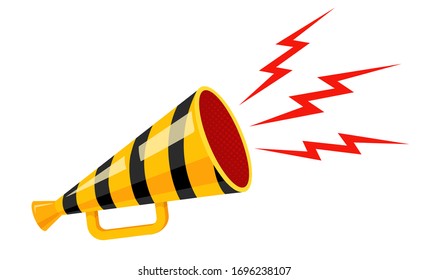 Vector vintage striped megaphone on isolated background. Vintage yellow megaphone with black lines. 