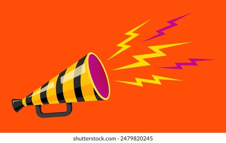Vector vintage striped megaphone on orange background. Vintage yellow megaphone with black lines. Danger.