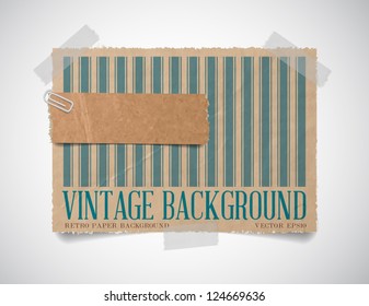 Vector vintage striped paper card template with a torn piece of old paper attached with a paper clip