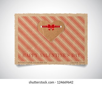 Vector vintage striped paper valentine's day greeting card template with a cardboard heart attached with silky ribbon