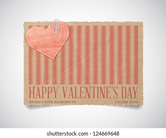 Vector vintage striped paper valentine's day greeting card template with a cardboard heart attached with a paper clip