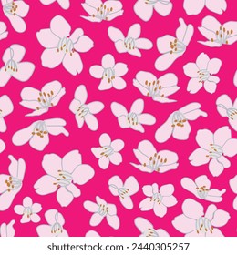 Vector vintage style artwork hand drawn light pink cherry blossom seamless pattern on bright pink background.