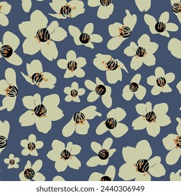 Vector vintage style artwork hand drawn cream cherry blossom seamless pattern on blue background.
