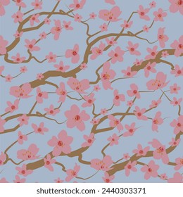 Vector vintage style artwork pink cherry blossom and branches seamless pattern on blue background.