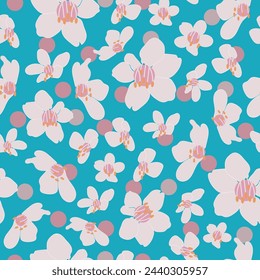 Vector vintage style artwork white cherry blossom seamless pattern on vibrant blue background.