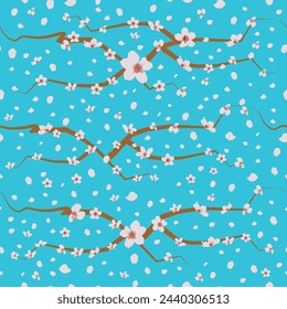 Vector vintage style artwork white cherry blossom and branches seamless pattern on blue background.