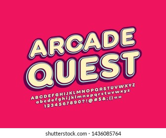 Vector vintage style banner Arcade Quest with 3D Font. Creative Alphabet Letters, Numbers and Symbols