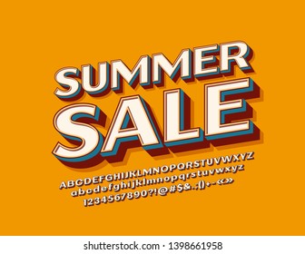 Vector Vintage Style Banner Summer Sale With 3D Trendy Font. Retro Alphabet Letters, Numbers And Symbols