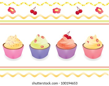vector vintage style border with different cupcakes set yummy image