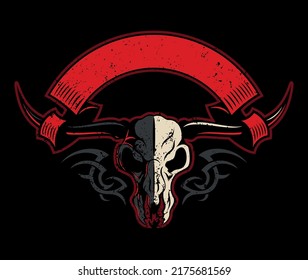 Vector vintage style bull skull with the ornament on background. Vintage style logo design.