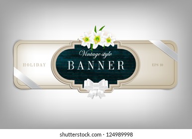 Vector vintage style cardboard banner with festive silky bow knot and small white lilies