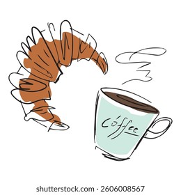 Vector vintage style croissant and cup of coffee illustration