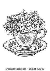 Vector vintage style cup and saucer, floral arrangement, rose, peony, leaves, black and white illustration, isolated, print, sketch