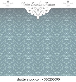 Vector, vintage style, cyan seamless pattern with lacy hearts, each color pattern merged into a separate group. Pattern and decoration (shadow, ribbon and etc.) are on separate layers.