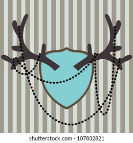 Vector vintage style deer antler with beads on striped background. Flat style illustration with animal horns