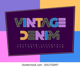 Vector Vintage style Denim Font. Colorful textile Alphabet. Trendy Jeans Letters and Numbers set