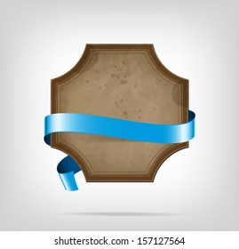 Vector vintage style die cut cardboard banner with blue decorative ribbon