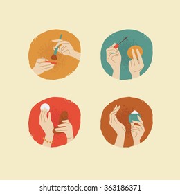 vector vintage style female hands with cosmetic things