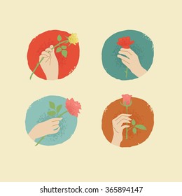 vector vintage style female hands in different gestures with pink, red and yellow roses