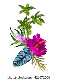 vector vintage style floral composition with palm trees. Editable gorgeous retro style botanical elements, happy colors, elegant layout