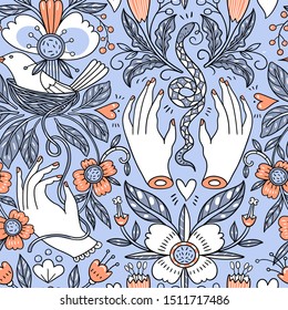 vector vintage style floral  seamless pattern with female hands, nests, snakes and fantasy flowers