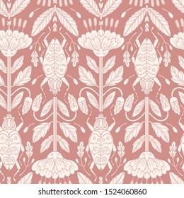 Vector Vintage Style Floral Seamless Pattern With Silhouette Blooms And Bugs