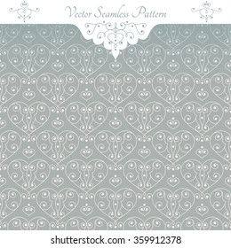 Vector, vintage style, grey seamless pattern with lacy hearts, each color pattern merged into a separate group. Pattern and decoration (shadow, ribbon and etc.) are on separate layers.